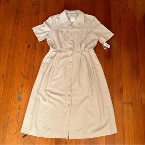 Vintage Pleated Safari Button Front Midi Collar Short Sleeve Dress 2 Pocket